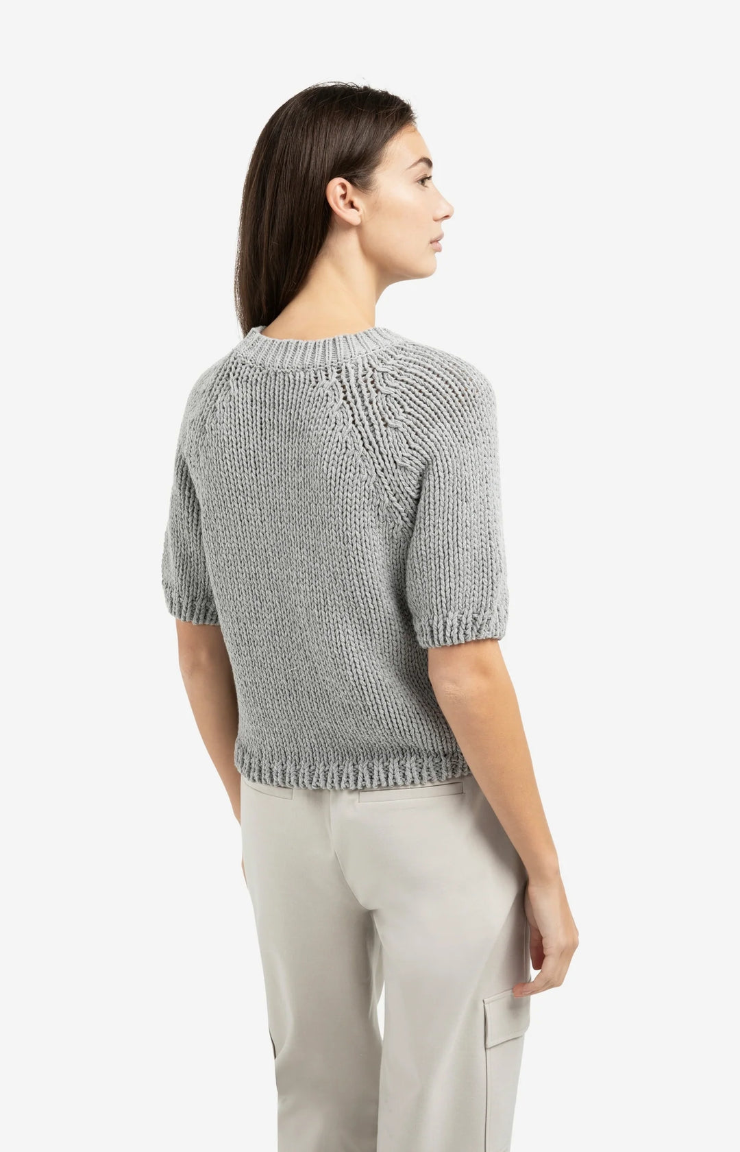 YAYA Grauer, kurzärmeliger Grobstrickpullover