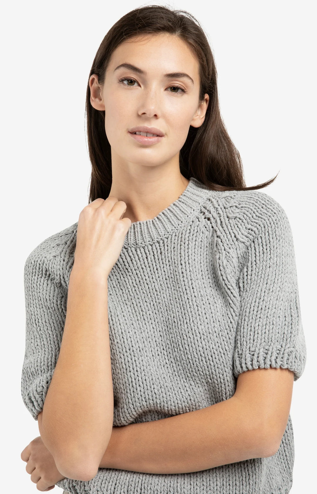 YAYA Grauer, kurzärmeliger Grobstrickpullover