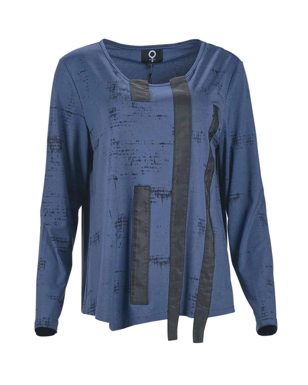 A blue long-sleeve top with a textured, distressed pattern and contrasting dark gray vertical panels on the front, displayed against a solid white background.