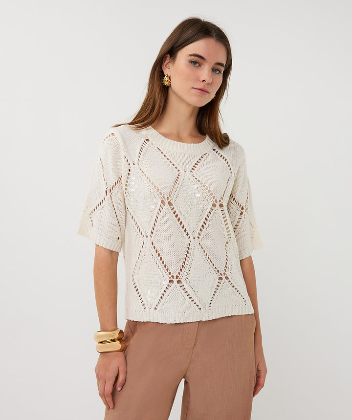 EsQualo Ecru Pullover mit Diamantpailletten