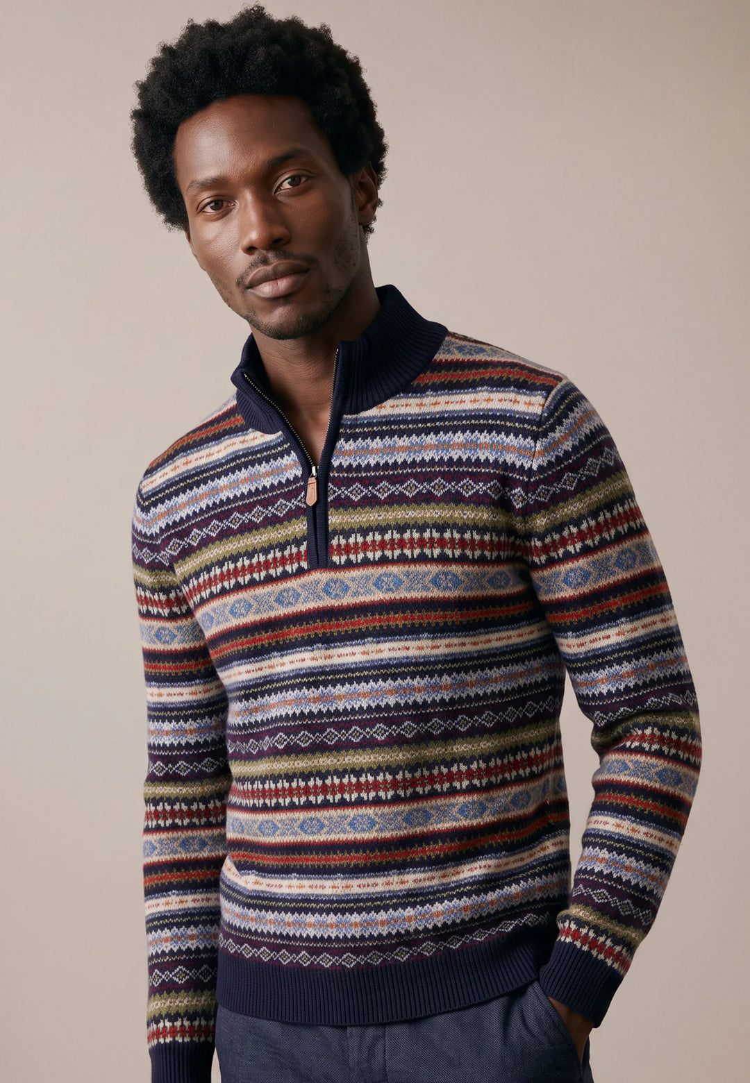 Fynch Hatton Wool Patterned Zip Jumper, Navy