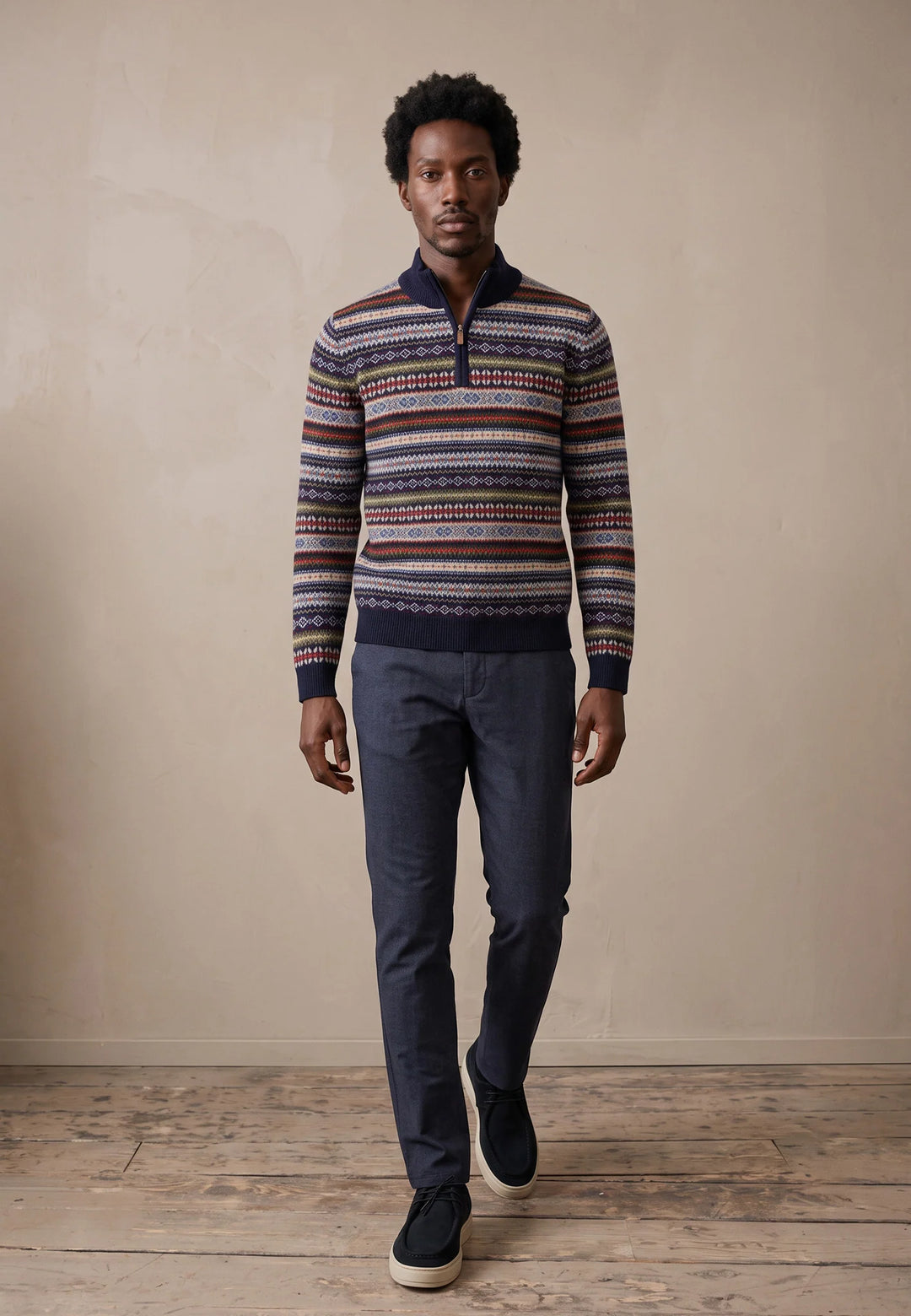 Fynch Hatton Wool Patterned Zip Jumper, Navy