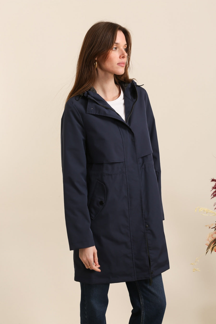 Langer, wasserdichter Parka in Khaki mit Kapuze