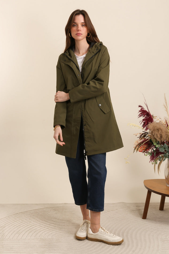 Langer, wasserdichter Parka in Khaki mit Kapuze