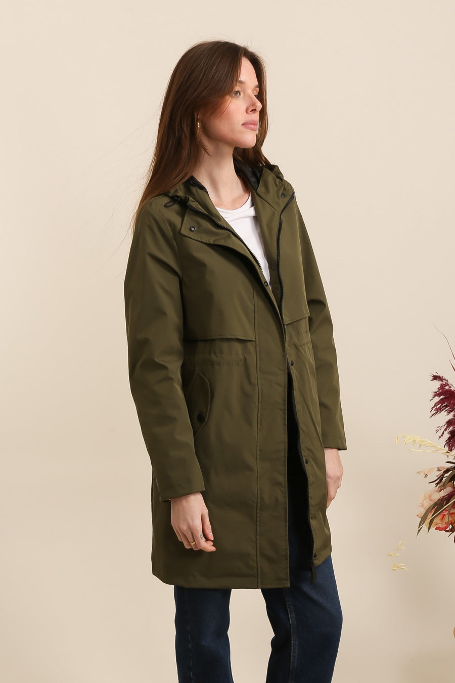 Langer, wasserdichter Parka in Khaki mit Kapuze