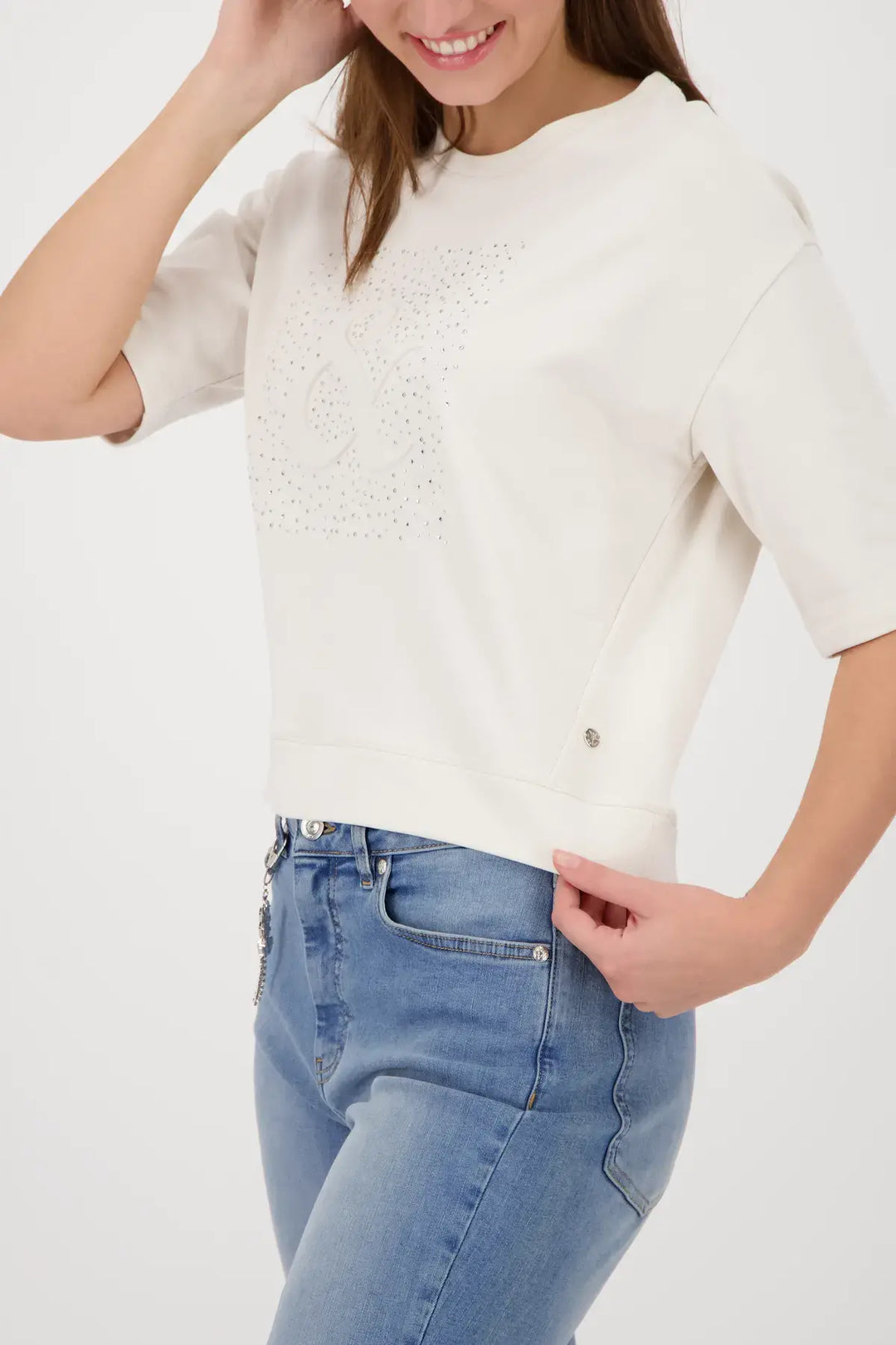 Monari Beige Strass Kurzarm-Sweatshirt