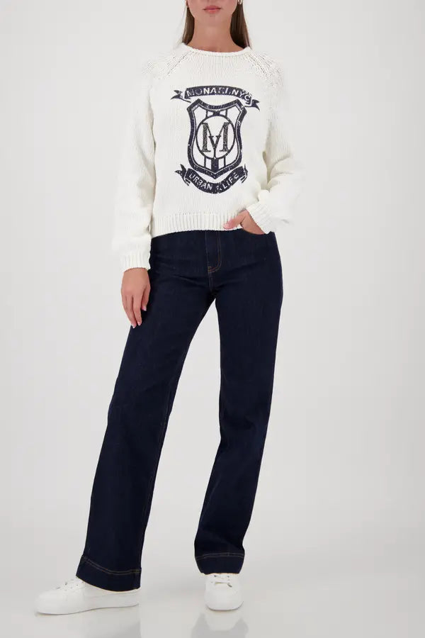 Monari Off-White Strickpullover mit Emblem