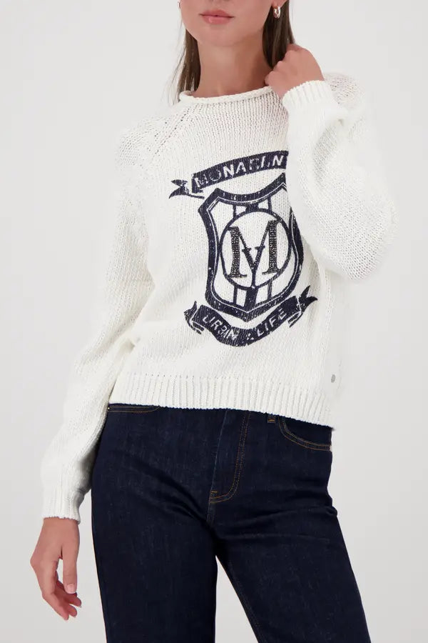 Monari Off-White Strickpullover mit Emblem