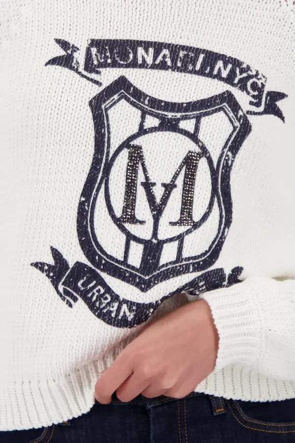 Monari Off-White Strickpullover mit Emblem