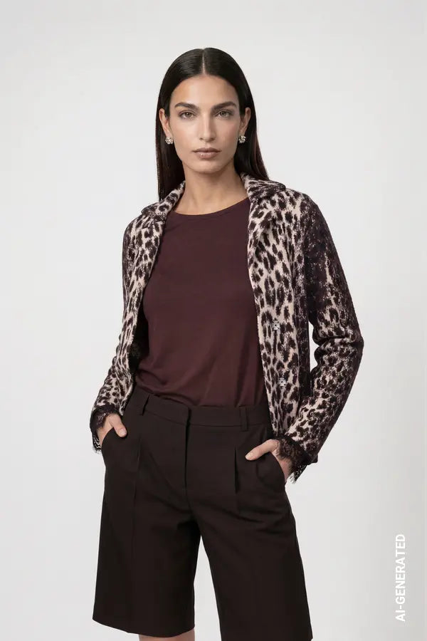 Monari Cardigan with Leopard Pattern, Black Coffee
