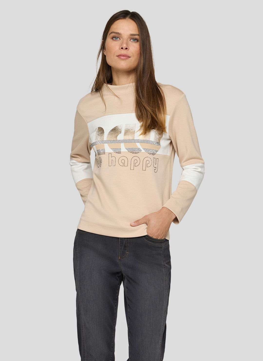 Rabe Beige Pullover mit Aufdruck „Be Happy“