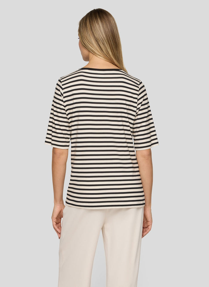 Gestreiftes Top von Rabe mit Aufdruck „Be Happy Now“.