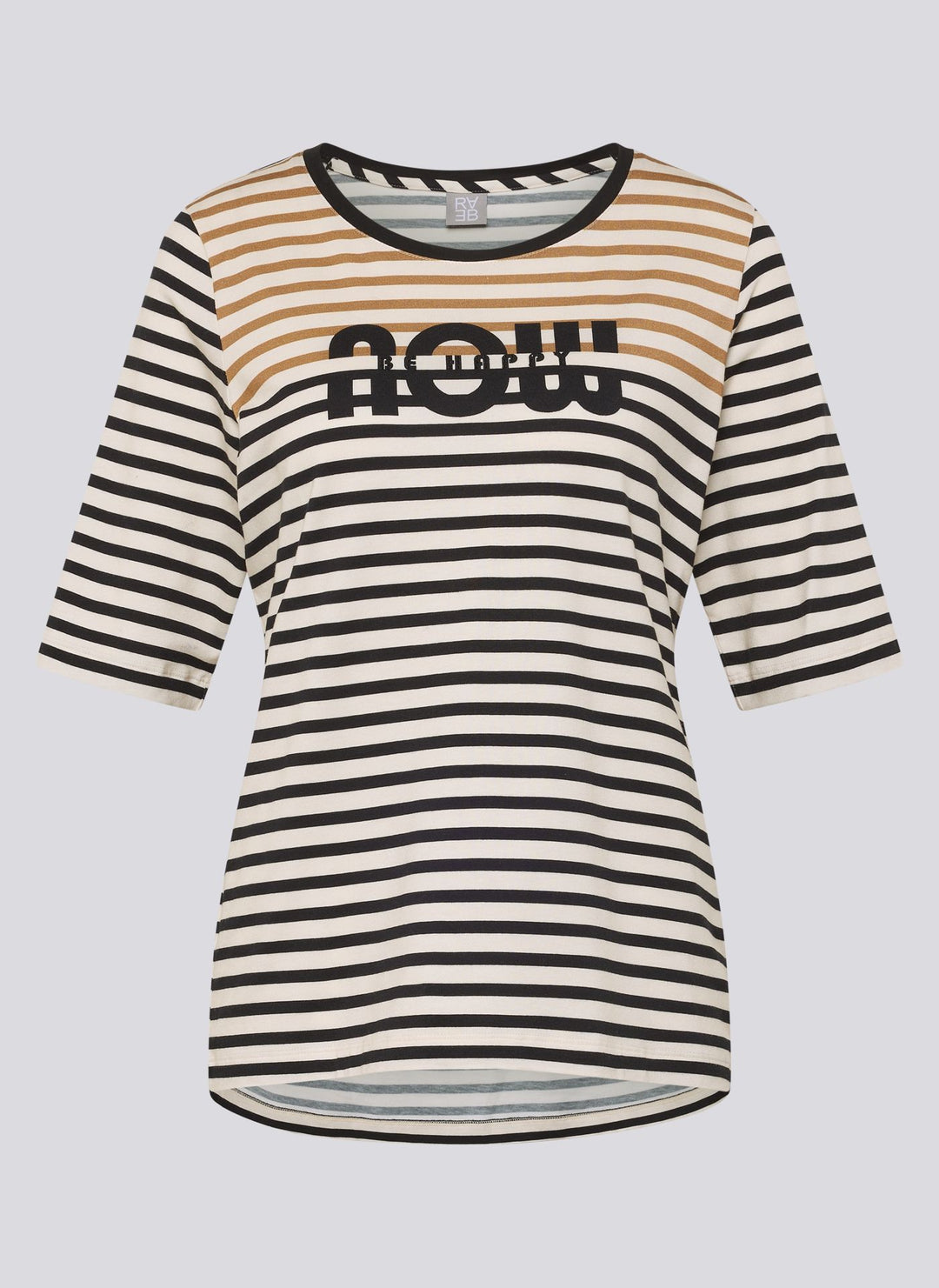 Gestreiftes Top von Rabe mit Aufdruck „Be Happy Now“.