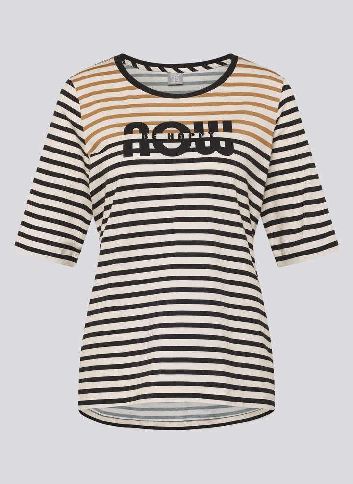 Gestreiftes Top von Rabe mit Aufdruck „Be Happy Now“.