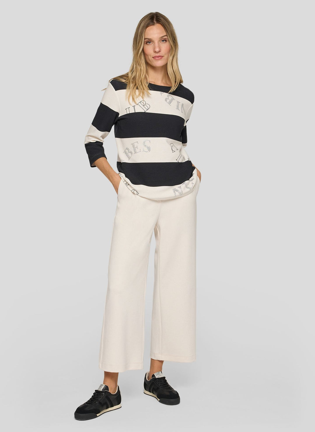 Rabe Beige gestreifter Rundhalspullover