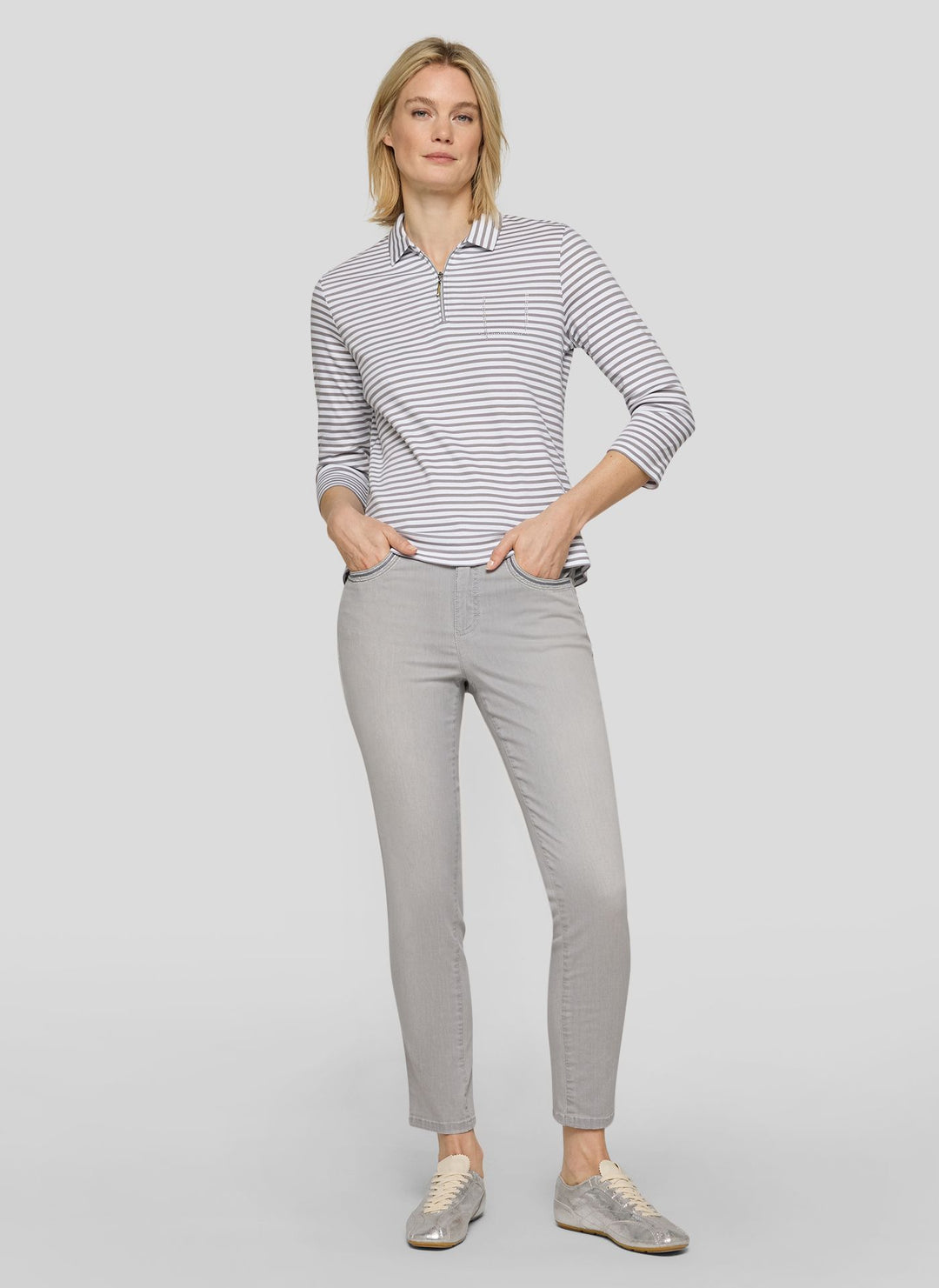 Rabe grau gestreiftes Polo-Sweatshirt mit Reißverschluss