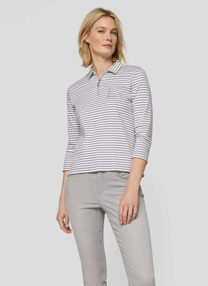Rabe grau gestreiftes Polo-Sweatshirt mit Reißverschluss