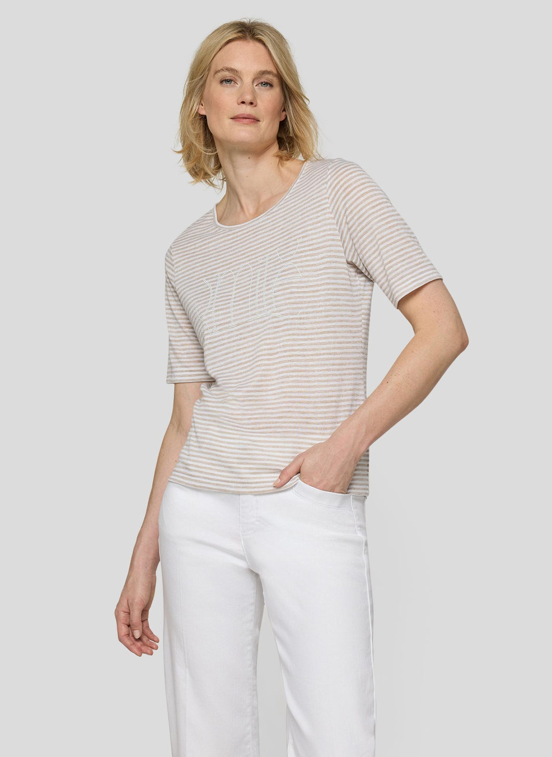 Rabe Beige Striped Rhinestone Top
