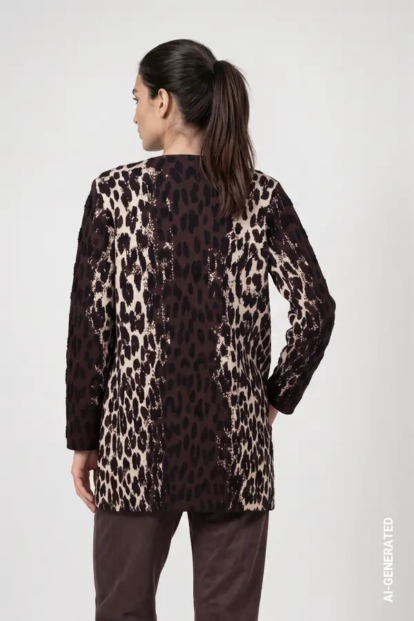 Monari Cardigan with Leopard Jacquard Pattern, Black Coffee
