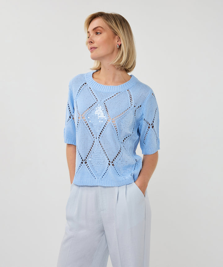 EsQualo blauer Pullover mit Diamantpailletten