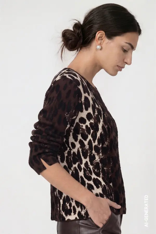Monari Knitted Jumper with Leopard Jacquard Pattern, Black Coffee