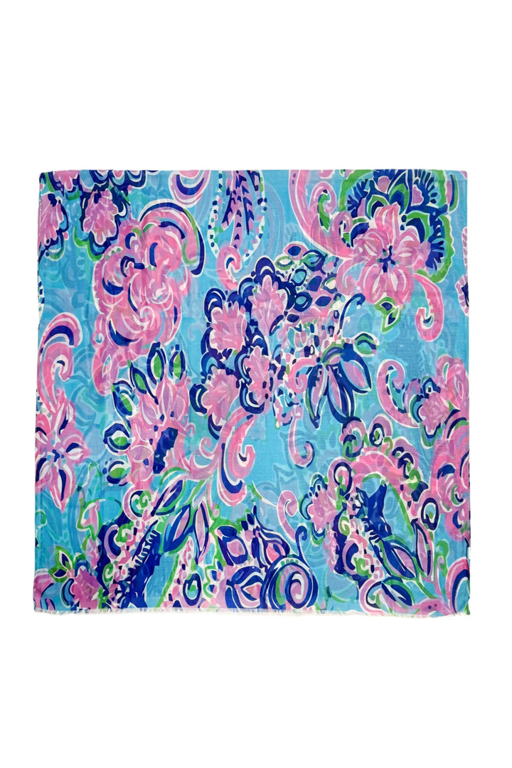 Großer blauer Schal mit Festival-Paisley-Muster und Fransen