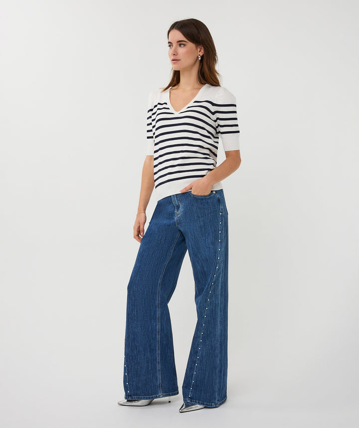 EsQualo Kurzarm-Strickpullover mit Streifen in Off-White und Marineblau