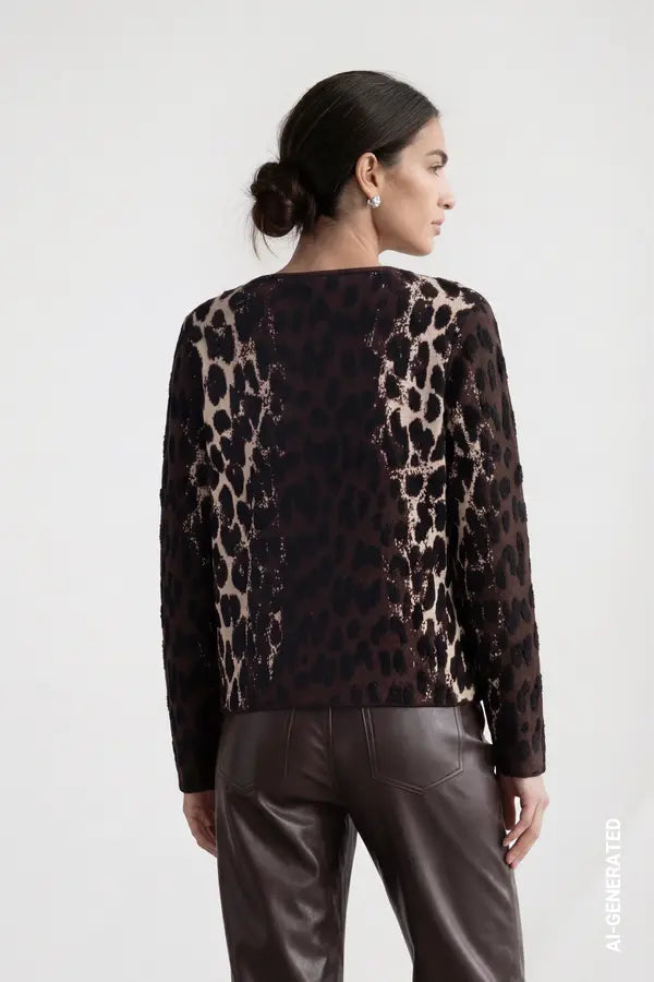 Monari Knitted Jumper with Leopard Jacquard Pattern, Black Coffee