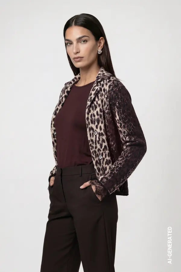 Monari Cardigan with Leopard Pattern, Black Coffee
