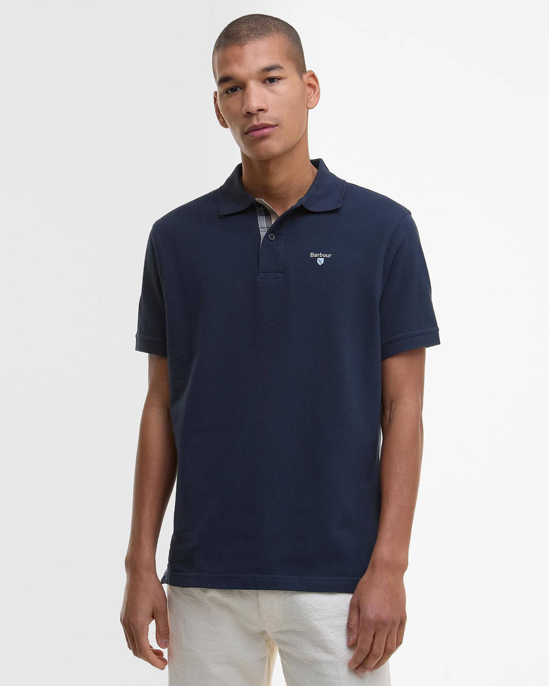 Barbour Tartan Pique Tailored Polo Shirt, New Navy