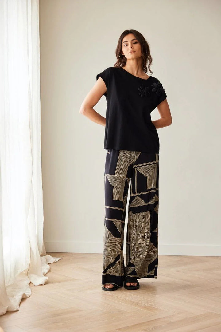 Peruzzi Schwarze und goldene geometrische Weitbeinhose