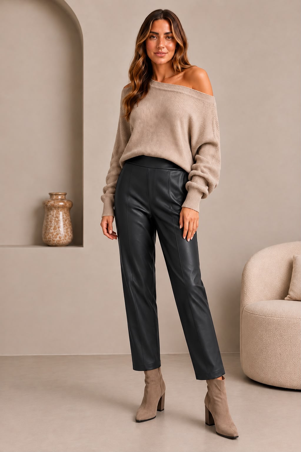 Leatherette Cropped Barrel Trousers, Black