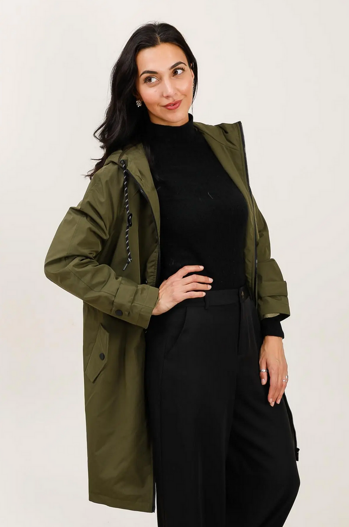 Langer, wasserdichter Parka in Khaki mit Kapuze