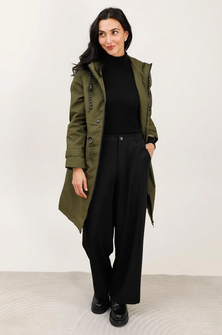 Langer, wasserdichter Parka in Khaki mit Kapuze