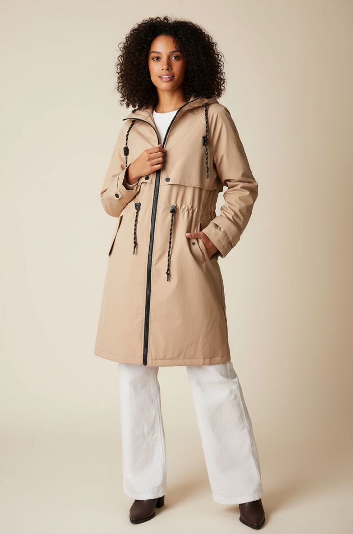 Langer, wasserdichter Parka in Khaki mit Kapuze