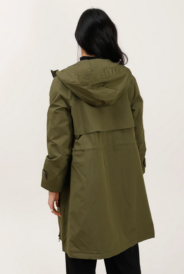 Langer, wasserdichter Parka in Khaki mit Kapuze