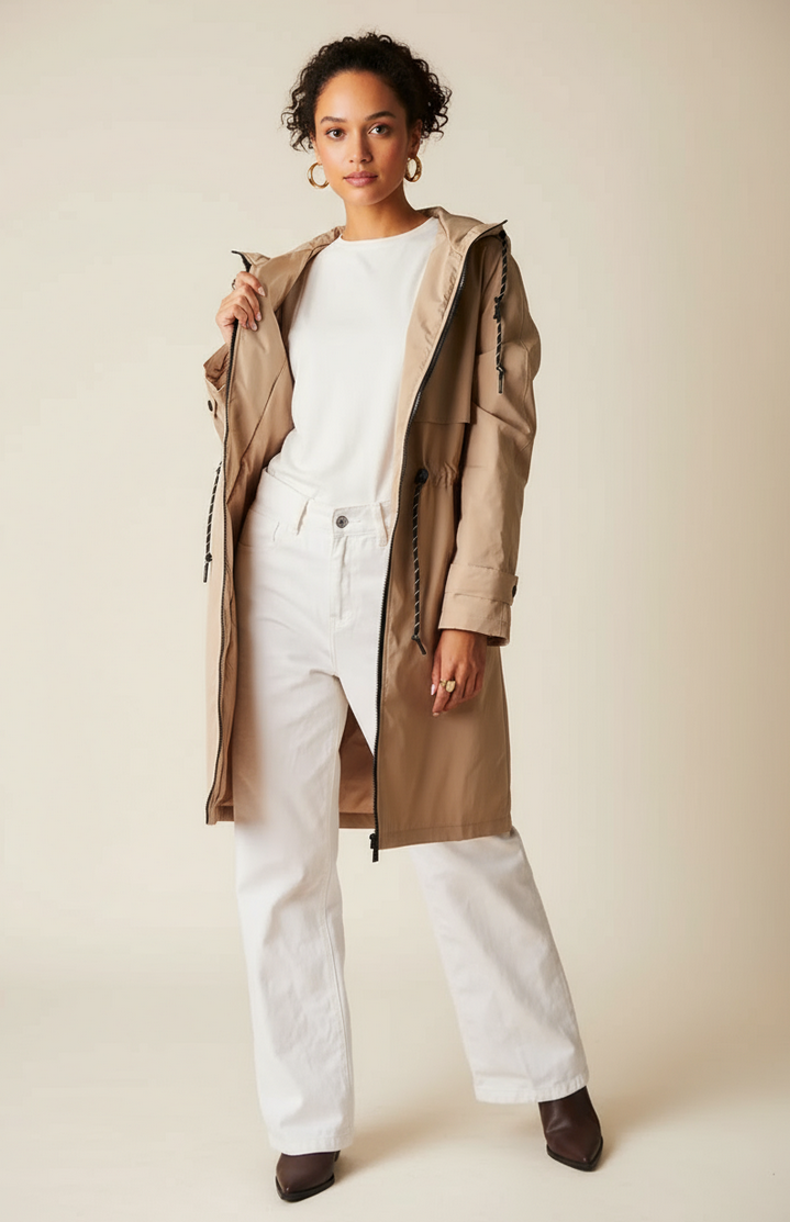 Langer, wasserdichter Parka in Khaki mit Kapuze