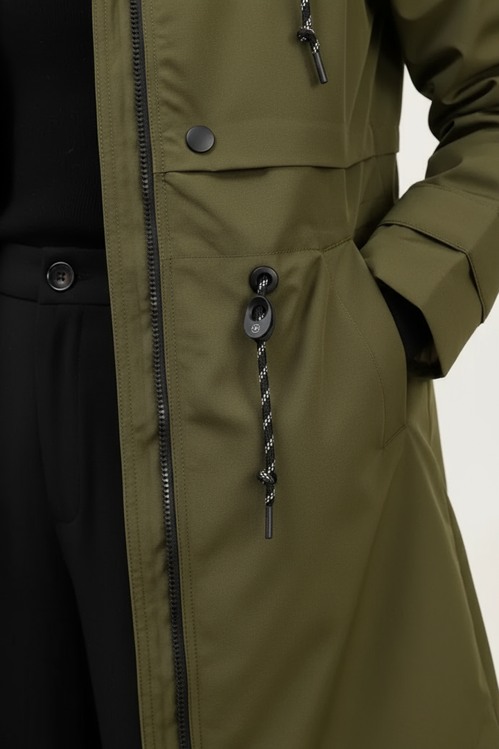 Langer, wasserdichter Parka in Khaki mit Kapuze