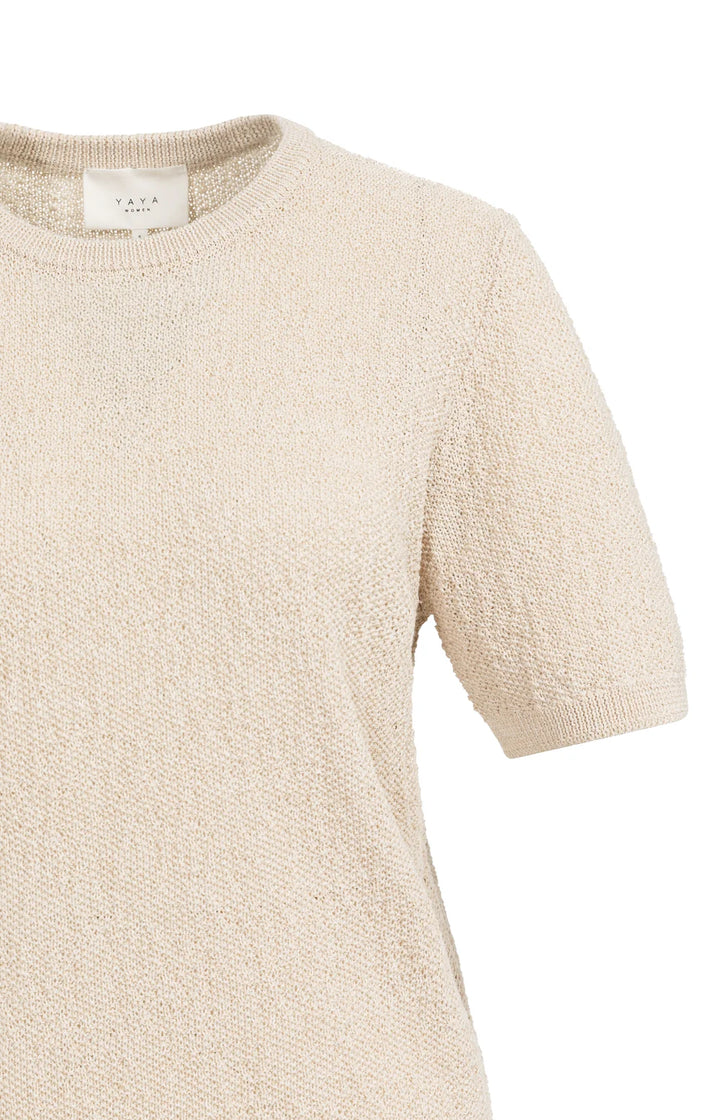 YAYA Beige Textured Short Sleeve Knitted Sweater